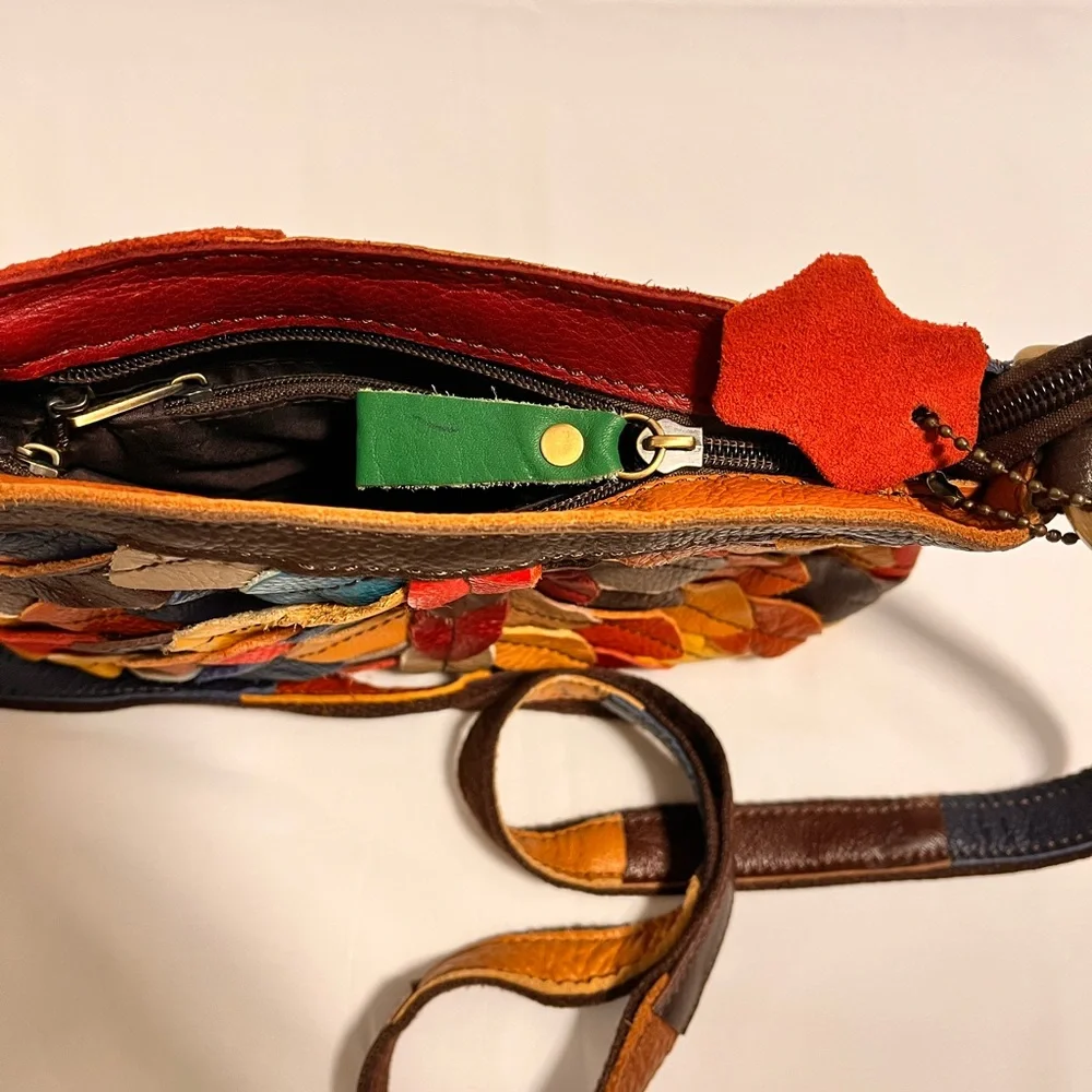 Vintage Leather Leaflet Covered Shoulder Bag, Boho with multicolored leaflets. - Picture 6 of 7